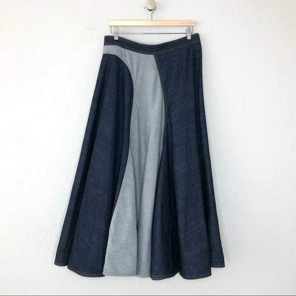 Lanvin Two Tone Curved Full Flare Denim Midi Skirt - Picture 4 of 10